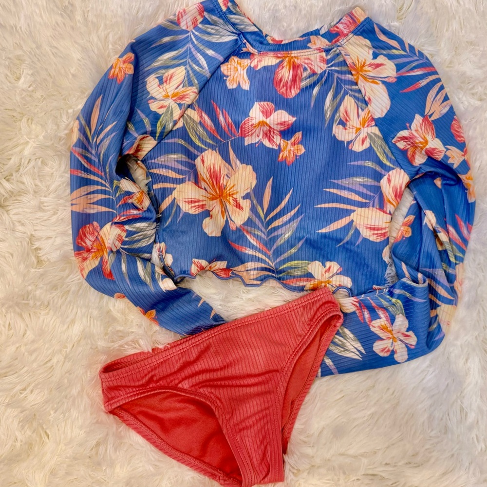 wonder nation Blue Floral Long Sleeve Rash Guard with Coral Bikini Bottoms